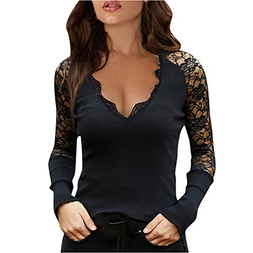 Blusas y Camisas de Manga Larga para Mujer con Cuello en V Profundo Tops, 2021 Moda Casual Diario Elegante Encaje Fiesta Sexy Camiseta Blusas Básica Camiseta Slim Fit Top Jersey tee(A Negro,XXL)