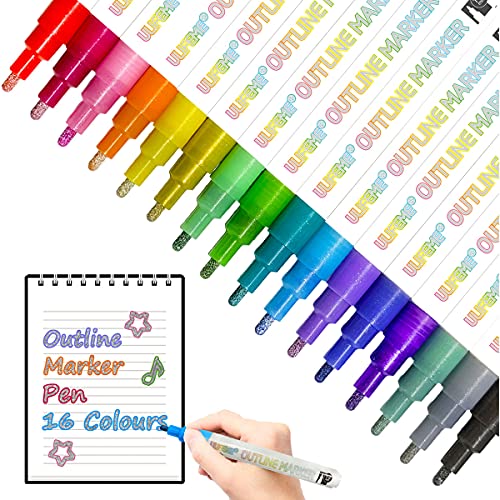 Bolígrafo Contorno, ULIFEME 16 Colores Bolígrafos de Contorno de Doble Línea para Tarjetas de Regalo, Saludos de Cumpleaños, Niños Pintando, Bricolaje, Manualidades y Dibujo de Fiest, Punta de 1-2 mm