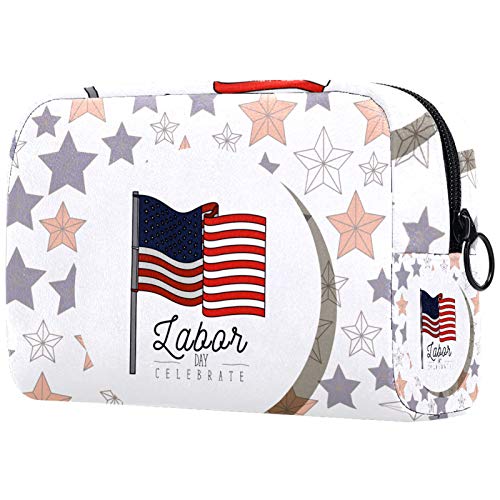 Bolsa de Maquillaje Bolsas de Aseo Organizador de cosméticos Bolsa con Cremallera para Mujeres Estrellas Marco Circular con Bandera Americana