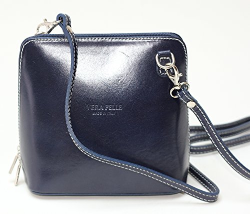 Bolso bandolera de cuero italiano para mujer, de tamaño pequeño, con correa para el hombro, color Azul, talla Small