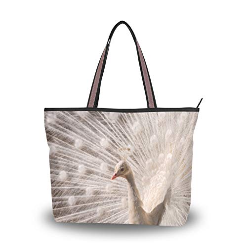 Bolso de mano para mujeres, niñas, señoras, bolso de estudiante, bolsos de compras, bolsos de hombro con correa ligera de pavo real blanco