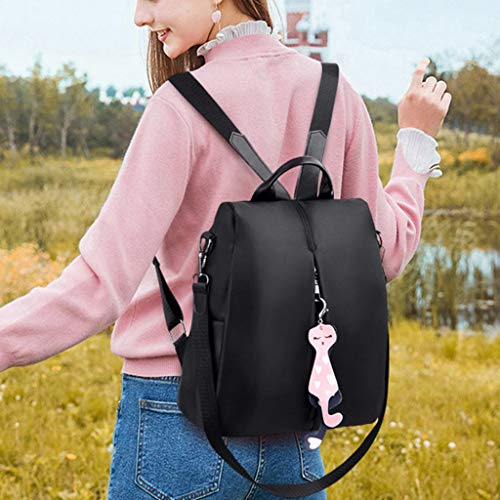 Bolso de Mujer Mochila Impermeable Nylon Mochila Antirrobo Bolso de Hombro Ligero Mochila Mujer Salvaje Moda Oxford Tela Madre Bolsa Estudiante Bolsa Damas Pequeña Adornos de Gatito (Negro)