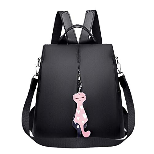 Bolso de Mujer Mochila Impermeable Nylon Mochila Antirrobo Bolso de Hombro Ligero Mochila Mujer Salvaje Moda Oxford Tela Madre Bolsa Estudiante Bolsa Damas Pequeña Adornos de Gatito (Negro)