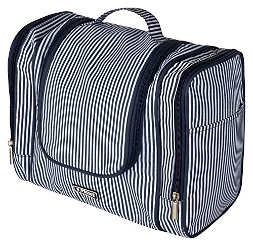 B.PRIME Bolsa de Aseo Classic XL Azul Marino y Blanco – Neceser prémium Muy Espacioso para Colgar – Medidas: 28x13x22 cm