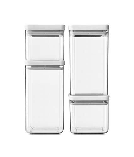 Brabantia Tasty + Set de 4 botes apilables cuadrados de plástico transparente, 2 x 0.7 l, 2 x 1.6 l, tapa light grey