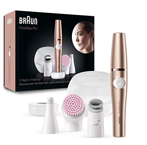 Braun FaceSpa Pro Depiladora Facial Mujer Todo en 1 con Cepillo de Limpieza, Base de Carga, Funda Portátil, Inalámbrica, 921, Bronce