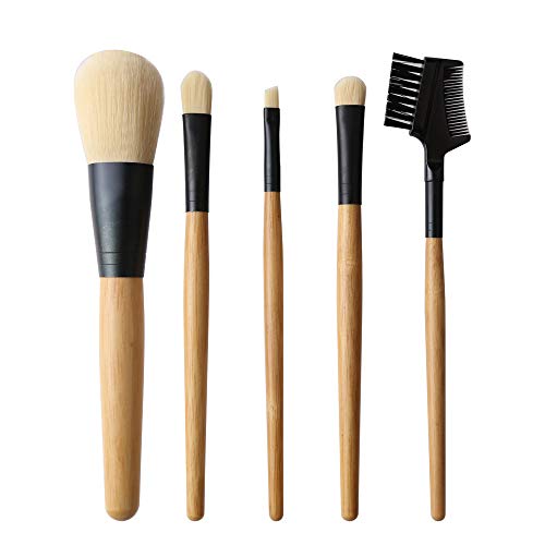 Brissa España. 5 Brochas de Maquillaje Baratas. Set Brochas Pinceles Ecológicas Bambú Maquillaje Básico. Neceser Negro