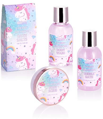 BRUBAKER Cosmetics Set de Baño y Ducha de Unicornio de 7 Piezas - Cherry Blossom - Set de Regalo con Aroma a Flor de Cerezo - Incl. 2 Velas Perfumadas en Caja de Cosméticos