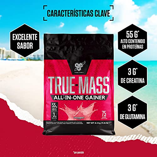 BSN True Mass All In One Gainer, Proteínas para Aumentar Masa Muscular con Creatina Monohidratada, Glutamina, Vitamina D y Zinc, Fresa, 25 Porciones, 4.2 kg