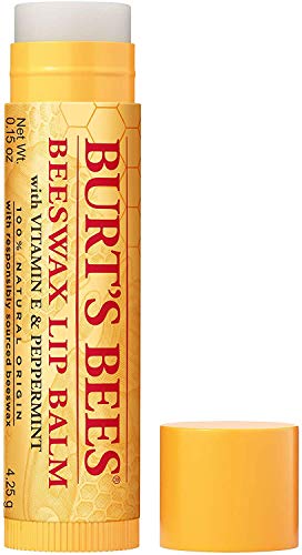 Burt's Bees Pack de 4 bálsamos labiales hidratantes 100 % naturales, cera de abejas original con vitamina E y aceite de menta y miel con cera de abejas