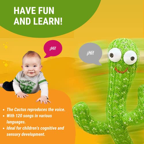 Cactus Bailarin con Movimiento Electrónico, Luces y 120 Canciones en Inglés. Juguete de Peluche que Baila para Aprender Idiomas y Ritmo. Carga USB Cable y Batería Incluidos. Canciones en Inglés