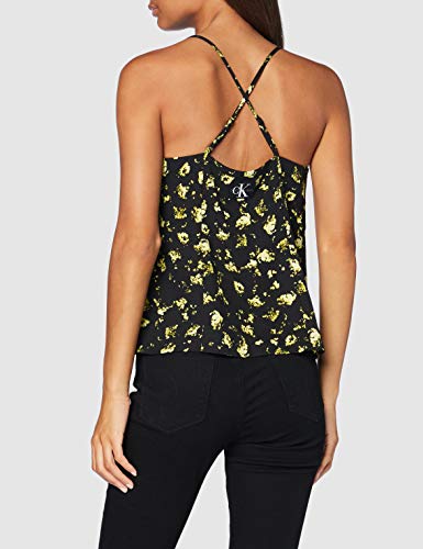 Calvin Klein Cross Back Slip Top Camisa de Deporte, Black Grungy Halftone Yellow Floral, M para Mujer