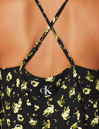 Calvin Klein Cross Back Slip Top Camisa de Deporte, Black Grungy Halftone Yellow Floral, M para Mujer