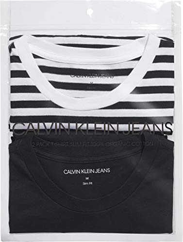 Calvin Klein Jeans Paquete de 2 Camisetas Ajustadas Camisa, Black Beauty/White Black Stripe, L para Hombre