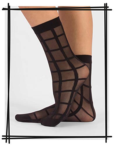 CALZITALY 3 PARES Calcetines de mujer | Mini medias semi transparentes | Fantasía Lunares, Rayas Verticales, Cuadros | Negro | Talla Unica | 100% Made in Italy | (NEGRO)