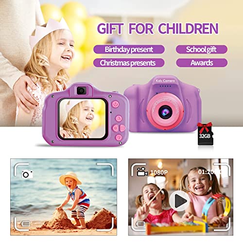 Cámara de Fotos para Niños, Cámara Digital para Niños Pantalla HD de 2 Pulgadas Cámara de Video 1080P, con Tarjeta TF 32 GB, para Regalos Ideales para Niños Niñas (Purple)