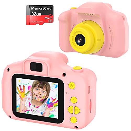 Cámara para Niños Infantil Cámara de Fotos Digital Cámara Juguete para Niños 2 Pulgadas 12MP 1080P HD Selfie Video Cámara Regalos Ideales para Niños Niñas de 3-10 Años con Tarjeta TF 32 GB (Rosa)