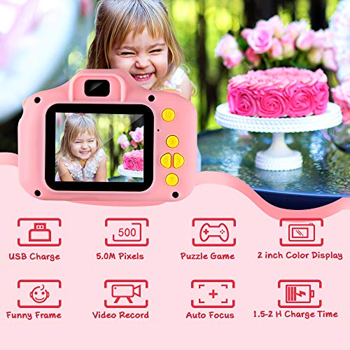 Cámara para Niños Infantil Cámara de Fotos Digital Cámara Juguete para Niños 2 Pulgadas 12MP 1080P HD Selfie Video Cámara Regalos Ideales para Niños Niñas de 3-10 Años con Tarjeta TF 32 GB (Rosa)