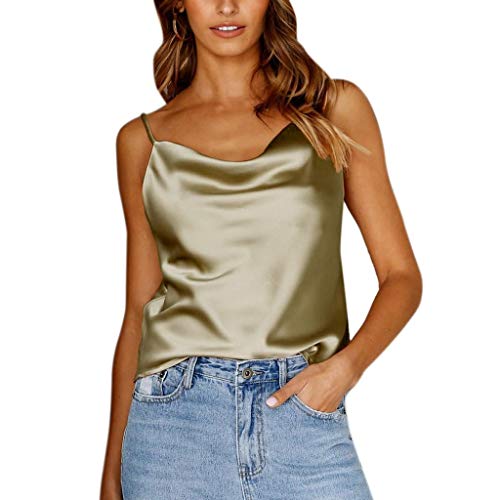 Camisetas Mujer SHOBDW Top De Satén De Seda Verano Playa Camisola Tops De Chaleco Liso con Tiras Sexy Blusa De Las Señoras Camisetas Sin Mangas Casuales Cami Tops para Mujeres (XL, X-Ejercito Verde)