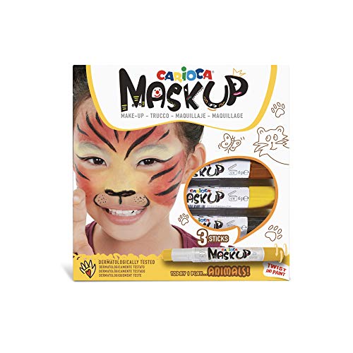 Carioca Mask Up Animales, Kit de Pintura Facial para Niños y Niñas, Barras de Maquillaje Ideal para Navidad, Halloween, Carnaval y Fiestas - 3 Colores y 2 Tutoriales - Dermatológicamente Testado