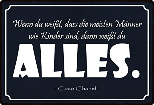 Cartel de metal de 20 x 30 cm, texto en alemán "Hombres como niños Coco Chanel"