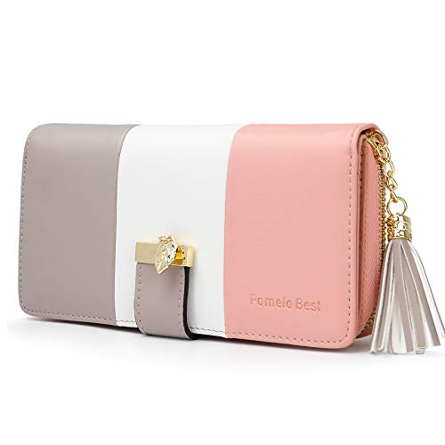 Cartera, de piel, para mujer, para 11 tarjetas, Gris Blanco Rosa, medium,