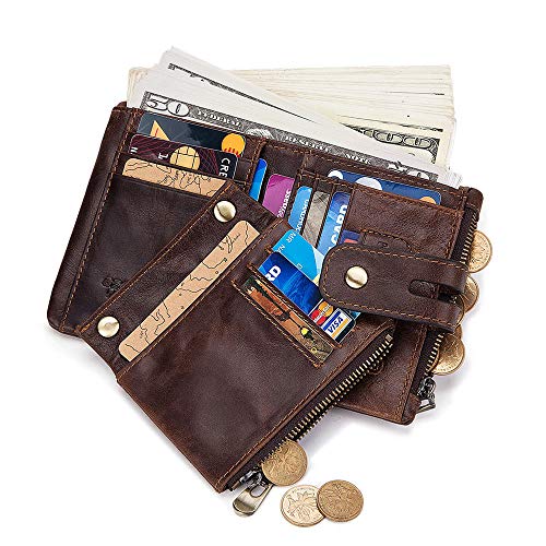 Cartera Hombre HALOVIE, Cartera Hombre Monedero de Cuero con RFID Bloqueo Billetera Piel Hombre Monedero con Cremallera Bifold 16 Ranuras para Tarjetas Carteras para Hombre con Cadena Regalo, Marrón