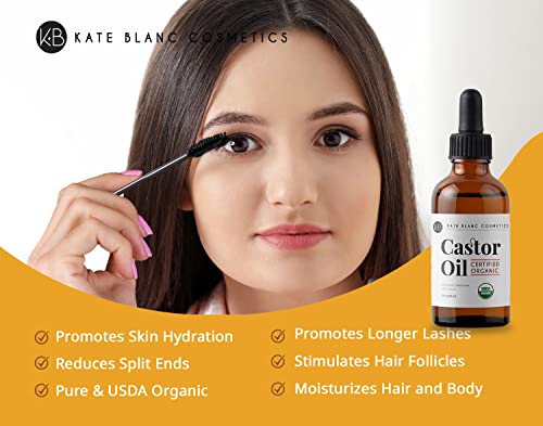 Castor Oil (2oz) USDA Certified Organic, 100% Pure, cold pressed, free hexane by Kate Blanc. Stimulate Growth for eyelashes, eyebrows, hair. Lash Growth Serum. The treatment of eyebrows.
