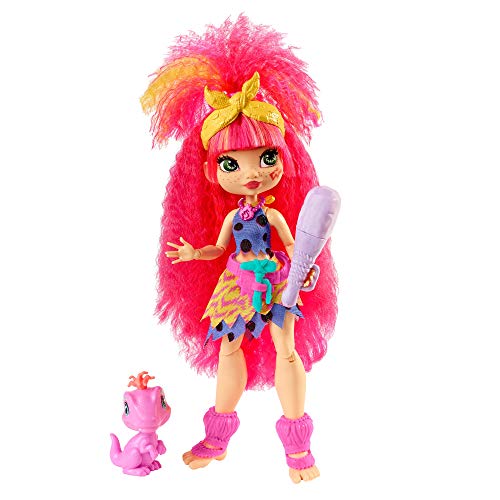 Cave Club Muñeca Emberly, muñeca prehistórica con Mascota y Accesorios (Mattel GNL83)