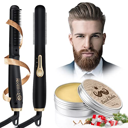 Cepillo Alisador Barba 3 en 1, Peine Alisador de Barba con Crema de Barba,Calentamiento Rápido PTC,3 Temperaturas Ajustables, Peine Alisador Electrico de Cerámica, Regalos Originales Hombres