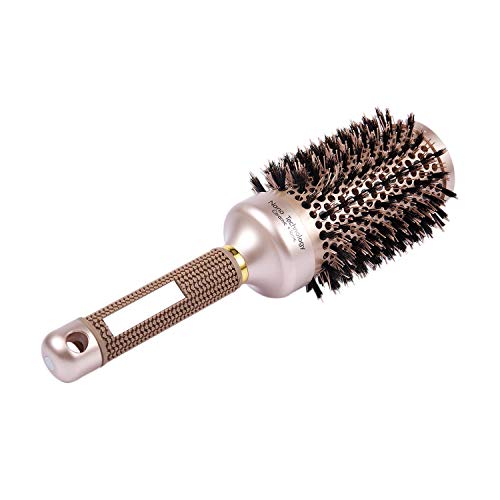 Cepillo de pelo redondo de cerda de jabalí seco de 53 mm Nano Technology Cerámica Cepillo de pelo iónico para mujer, secado por soplado, peinado, rizado, dorado (2.1 pulgadas)