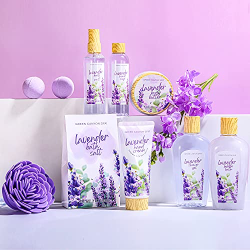 Cestas de Regalo para Mujer, Green Canyon Spa Set de Baño Mujer Caja SPA Regalo a Aroma de Lavanda con 10 Piezas Set de Spa para Hogar Relajante Incluye Gel de Ducha, Bombas de Baño, Loción Corporal