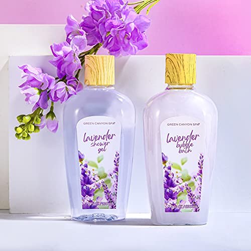 Cestas de Regalo para Mujer, Green Canyon Spa Set de Baño Mujer Caja SPA Regalo a Aroma de Lavanda con 10 Piezas Set de Spa para Hogar Relajante Incluye Gel de Ducha, Bombas de Baño, Loción Corporal