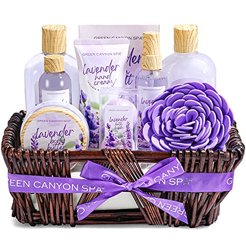 Cestas de Regalo para Mujer, Green Canyon Spa Set de Baño Mujer Caja SPA Regalo a Aroma de Lavanda con 10 Piezas Set de Spa para Hogar Relajante Incluye Gel de Ducha, Bombas de Baño, Loción Corporal