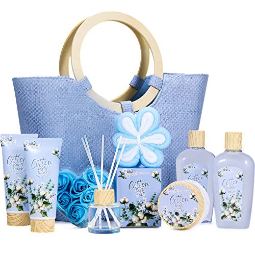 Cestas de Regalo para Mujer, Green Canyon Spa Set de Baño Mujer con Bolsa 10 Piezas Fragancia de Algodón Loción Corporal, Sales de Baño Caja SPA Regalo Ideal para Día de Valentín, Cumpleaños y Navidad