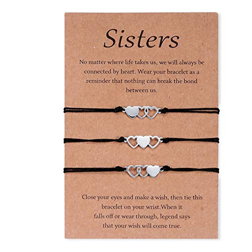 CheersLife 3 Piezas Pulsera de Hermana Pulsera De La Amistad Mejor Amigo Corazón Hueco Pulsera De Acero Inoxidable Joyería a Juego Regalo Para Mujeres Niñas Madre Hija