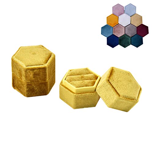 chenpaif Velvet Double Ring Box, Hexagon Velvet Ring Bearer Box - Premium Gorgeous Vintage Double Ring Display Holder con Tapa Desmontable para Propuesta, Compromiso, Ceremonia de Boda (Amarillo) G73