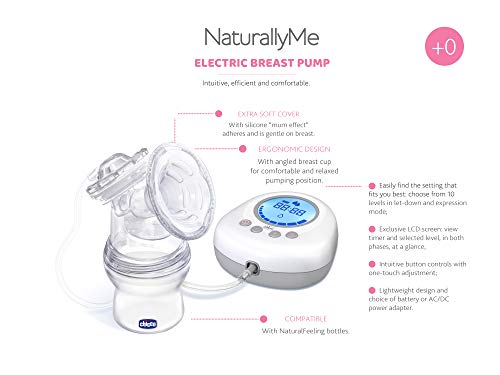 Chicco Naturally Me Sacaleches Eléctrico con Modo de Estimulación y Extracción, 10 Niveles de Intensidad – Extractor de Leche Cómodo, Rápido y Ergonómico con Biberón 150ml de Tetina Inclinada