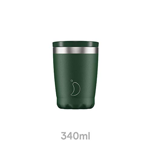 Chill's Taza de Café Aislada - Tazas de Café de Pared Doble con Tapa - Acero Inoxidable - Verde Mate, 340ml