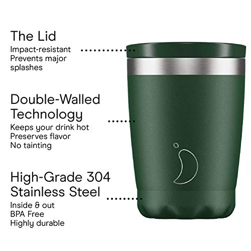 Chill's Taza de Café Aislada - Tazas de Café de Pared Doble con Tapa - Acero Inoxidable - Verde Mate, 340ml