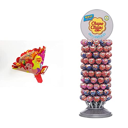 Chupa Chups Flower Bouquet, Caramelo con Palo Original de Sabores Variados, 19 x 12 g + Chupa Chups Sin Azúcar, Caramelo con Palo de Sabores Variados, Rueda de 120 unidades de 11 gr