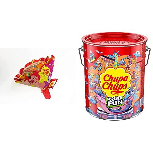 Chupa Chups Flower Bouquet, Caramelo con Palo Original de Sabores Variados, 19 x 12g + Chupa Chups Lata, Caramelo con Palo Original de Sabores Variados, 150 x 12g