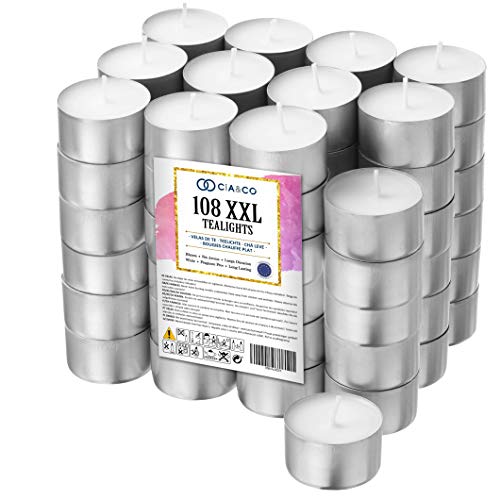 Cia&Co Pack 108 Velas de té XXL Larga Duración 8 Horas. Vela Blanca sin Aroma de Parafina. Ideal Hosteleria