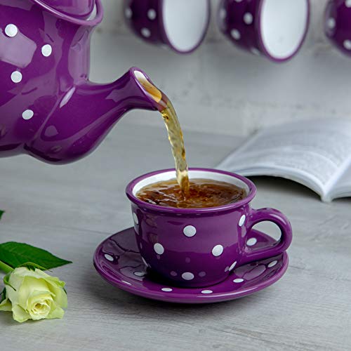 City to Cottage® Morado y Blanco | Lunares | Hecho a Mano por Diseñadores | Cerámica Única de 9oz/250ml | Taza de Café Capuchino con Plato | Regalo