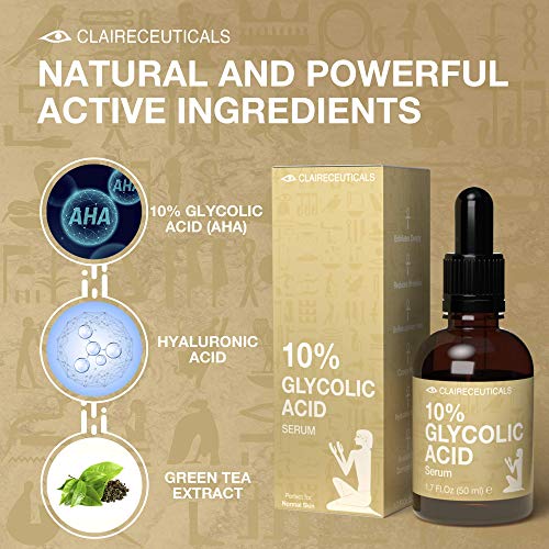 CLAIRECEUTICALS Serum Acido Glicolico 10% - Peeling Quimico No Invasivo con Ácido Glicolico - Serum Glicolico Facial con Ácido Hialurónico y Extracto de Té Verde - Eficaz Antiacné y Antiarrugas, 50ml