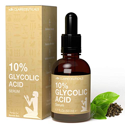 CLAIRECEUTICALS Serum Acido Glicolico 10% - Peeling Quimico No Invasivo con Ácido Glicolico - Serum Glicolico Facial con Ácido Hialurónico y Extracto de Té Verde - Eficaz Antiacné y Antiarrugas, 50ml