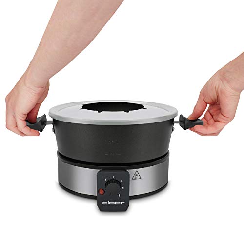 Cloer 6679 - Fondue para 8 personas (olla de aluminio revestida, protección contra salpicaduras, 8 tenedores marcados de 1,5 L, 1000 W), color plateado y negro