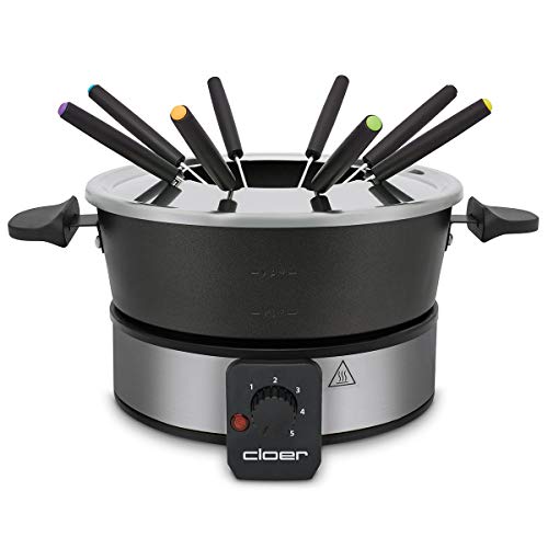 Cloer 6679 - Fondue para 8 personas (olla de aluminio revestida, protección contra salpicaduras, 8 tenedores marcados de 1,5 L, 1000 W), color plateado y negro