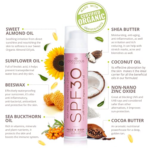 COCOSOLIS Crema Solar 30 SPF - Crema hidratante y protección solar para todo tipo de pieles, con aceites biológicos - Аceite de coco, manteca de cacao, manteca de karité, aceite de mora - 100 ml