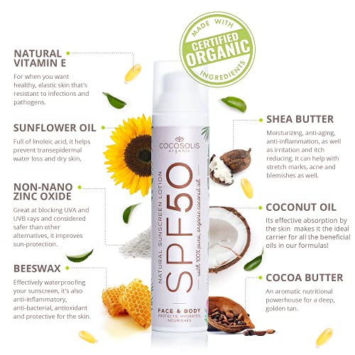 COCOSOLIS Crema Solar 50 SPF - Crema hidratante y protección solar para todo tipo de pieles, con aceites biológicos - Аceite de coco, manteca de cacao, manteca de karité, aceite de mora - 100 ml